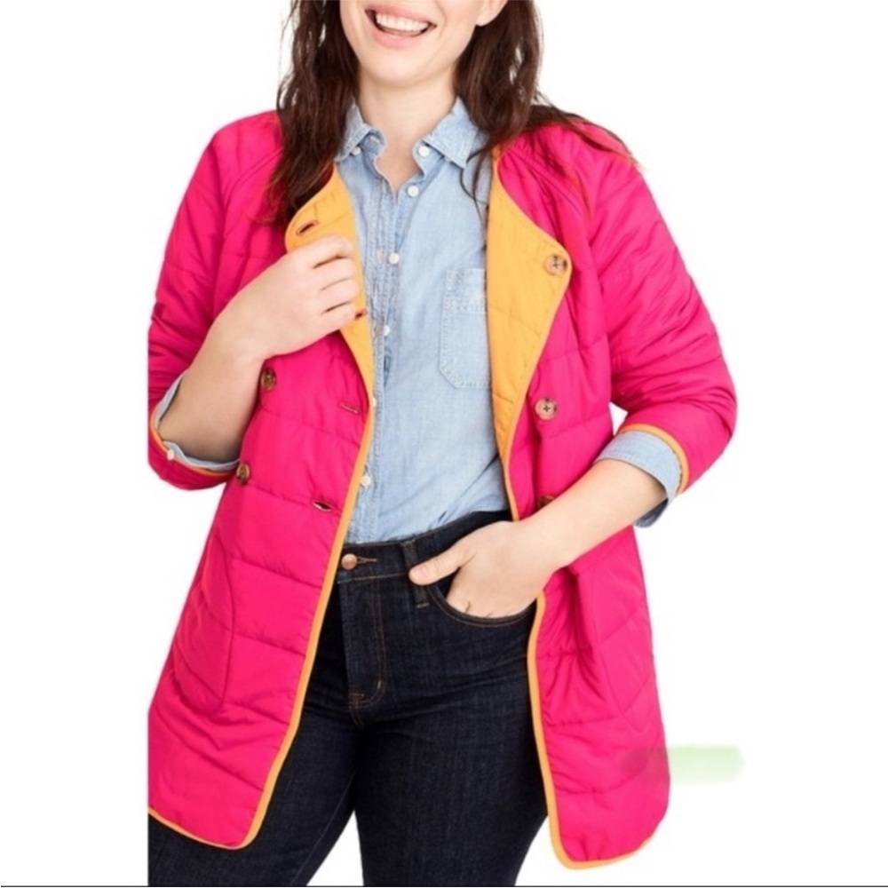 J. CREW “Fuschia Blossom” Reversible Collarless Puffer Jacket